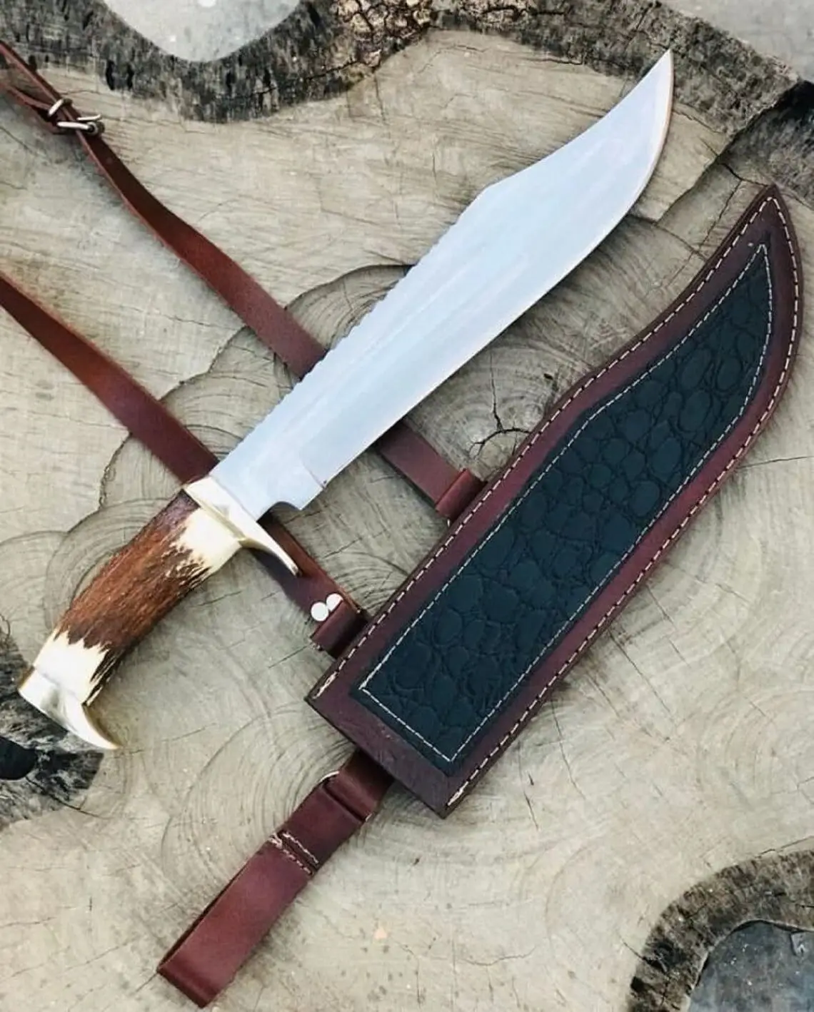 17-inch Bowie Knife, Full-tang Fixed Blade, Stag Handle Hunting Knife with Leather Sheath for Camping, Hiking, Survival