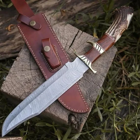 HANDMADE FORGED DAMASCUS Steel Hunting Bowie Rambo Knife Deer Stag Crown Handle - Image 3